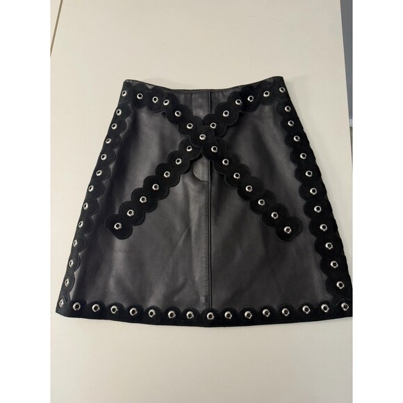 Maje Jarisco Jupe Coir Black Leather Mini Skirt  Rommet Suede Accent Trim Sz 34 - Picture 6 of 7